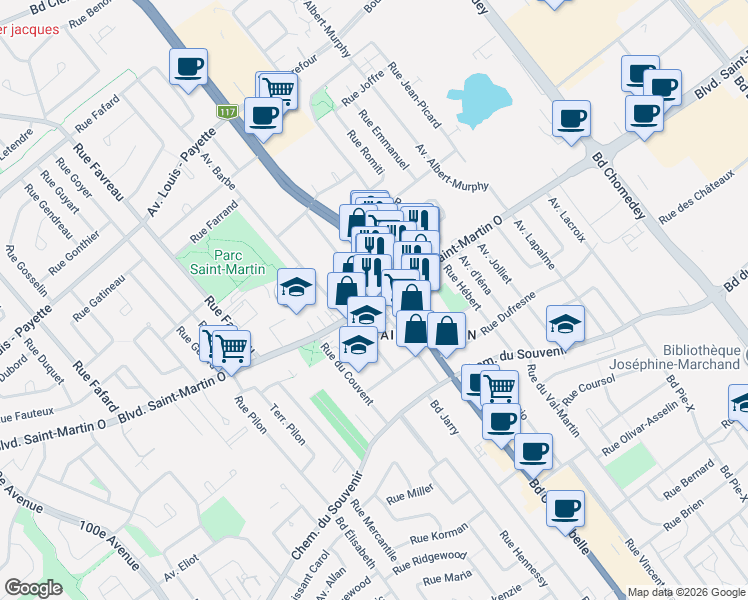 map of restaurants, bars, coffee shops, grocery stores, and more near Rue Robinson in Laval