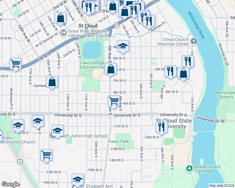 map of restaurants, bars, coffee shops, grocery stores, and more near 721 8th Avenue South in St. Cloud