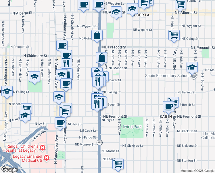 map of restaurants, bars, coffee shops, grocery stores, and more near 424 Northeast Shaver Street in Portland