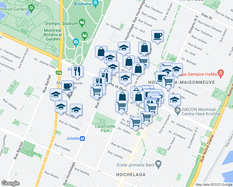 map of restaurants, bars, coffee shops, grocery stores, and more near 2355 Avenue Jeanne-d'Arc in Montréal