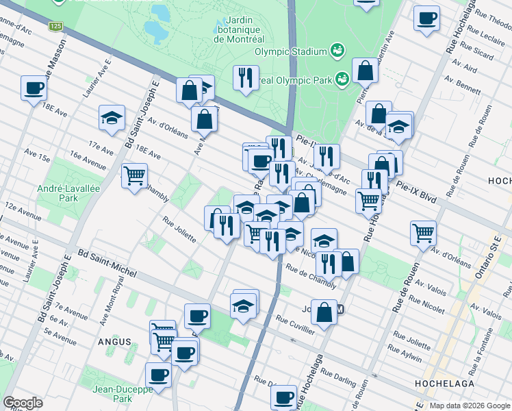 map of restaurants, bars, coffee shops, grocery stores, and more near 3820 Rue Rachel Est in Montréal