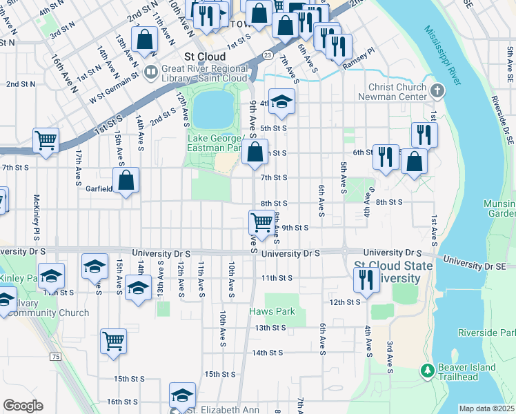 map of restaurants, bars, coffee shops, grocery stores, and more near 822 8th Street South in St. Cloud