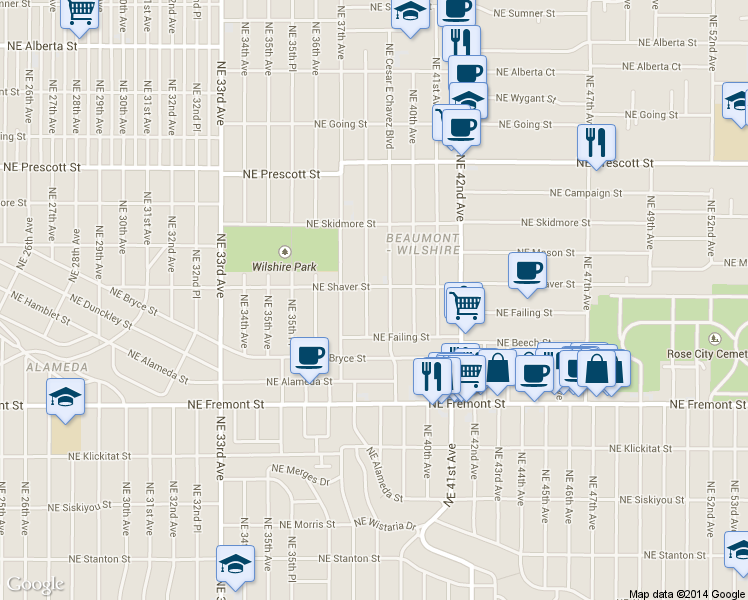 map of restaurants, bars, coffee shops, grocery stores, and more near 4021 Northeast 39th Avenue in Portland