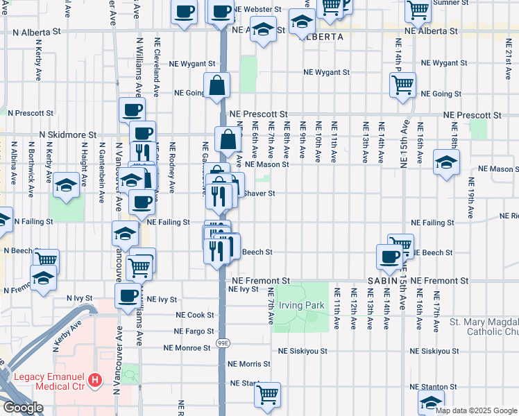map of restaurants, bars, coffee shops, grocery stores, and more near 604 Northeast Shaver Street in Portland