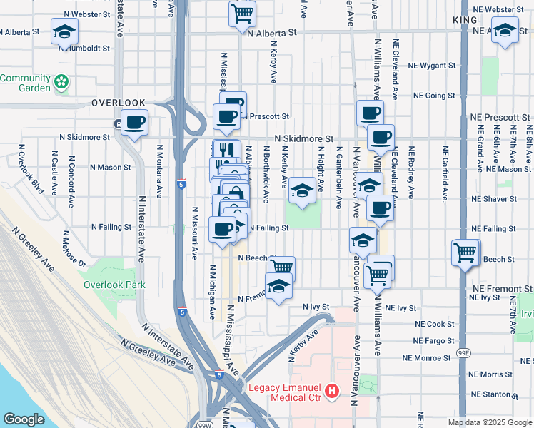map of restaurants, bars, coffee shops, grocery stores, and more near 636 North Shaver Street in Portland
