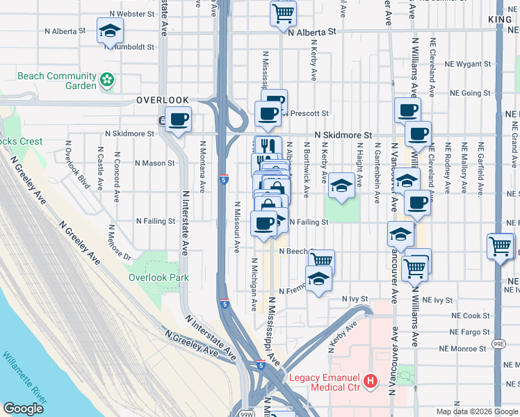 map of restaurants, bars, coffee shops, grocery stores, and more near 3932 North Mississippi Avenue in Portland