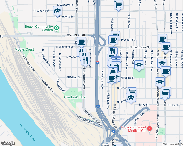 map of restaurants, bars, coffee shops, grocery stores, and more near 1224 North Shaver Street in Portland