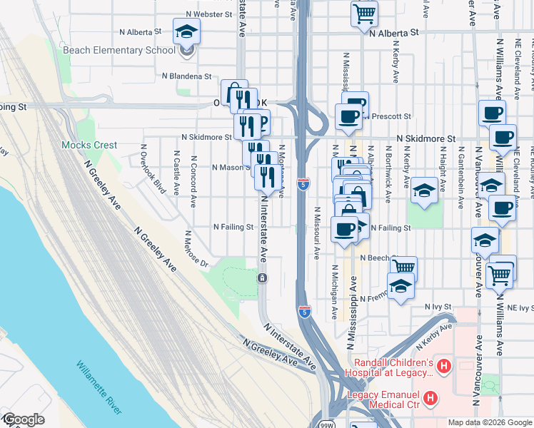 map of restaurants, bars, coffee shops, grocery stores, and more near 3990 North Interstate Avenue in Portland