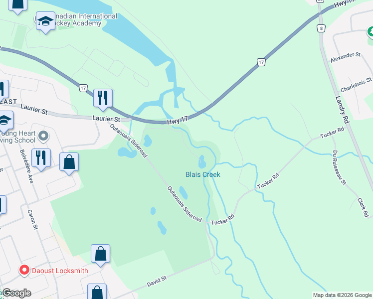 map of restaurants, bars, coffee shops, grocery stores, and more near Masters Lane in Clarence-Rockland