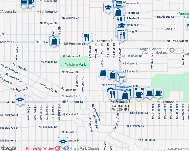 map of restaurants, bars, coffee shops, grocery stores, and more near 3979 Northeast 38th Avenue in Portland
