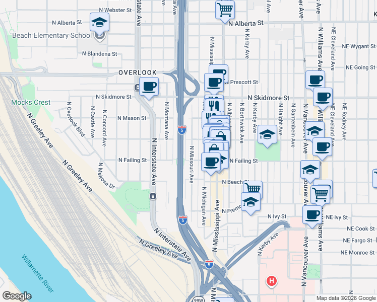 map of restaurants, bars, coffee shops, grocery stores, and more near 1036 North Shaver Street in Portland