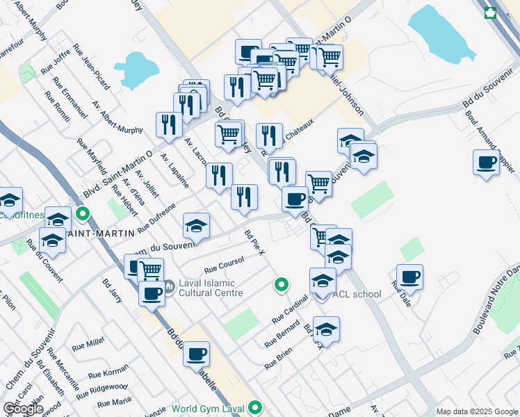 map of restaurants, bars, coffee shops, grocery stores, and more near 3513 Boulevard du Souvenir in Laval