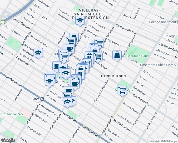 map of restaurants, bars, coffee shops, grocery stores, and more near 6899 Avenue Louis-Hébert in Montréal