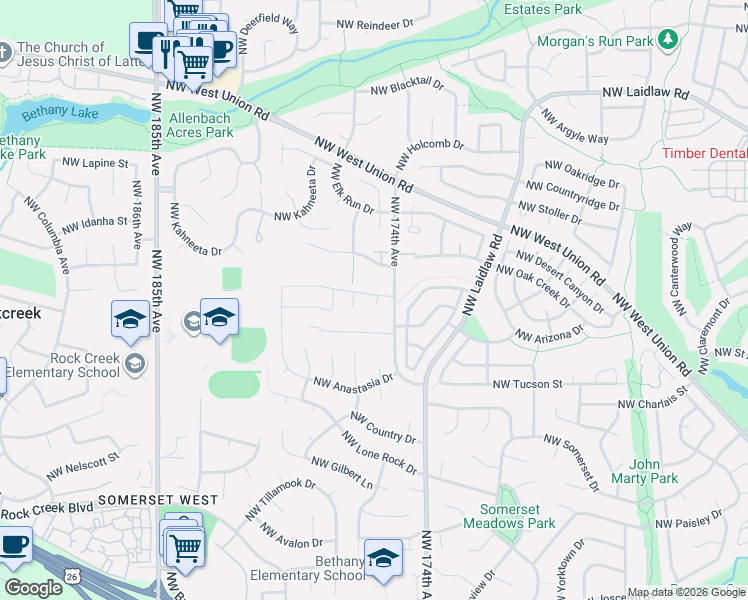 map of restaurants, bars, coffee shops, grocery stores, and more near 17578 Northwest Layla Drive in Portland