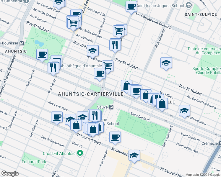 map of restaurants, bars, coffee shops, grocery stores, and more near 9653 Rue Lajeunesse in Montréal