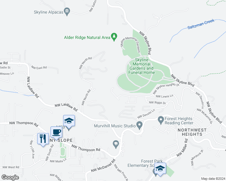 map of restaurants, bars, coffee shops, grocery stores, and more near 4240 Northwest Twilight Terrace in Portland
