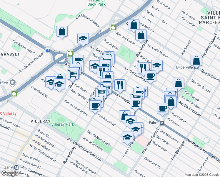 map of restaurants, bars, coffee shops, grocery stores, and more near 7705 Avenue Papineau in Montréal