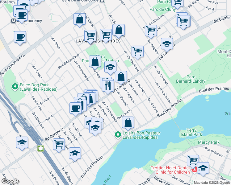 map of restaurants, bars, coffee shops, grocery stores, and more near 350 Boulevard Cartier Ouest in Laval
