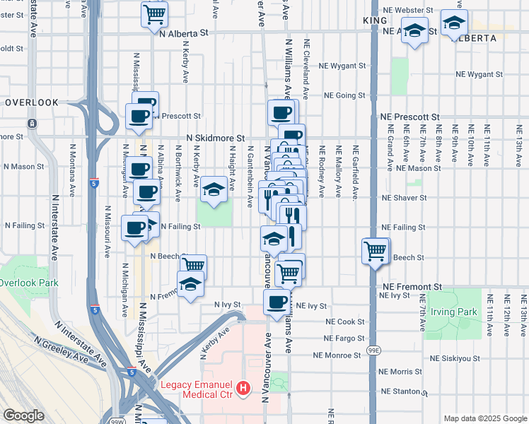 map of restaurants, bars, coffee shops, grocery stores, and more near 3943 North Vancouver Avenue in Portland