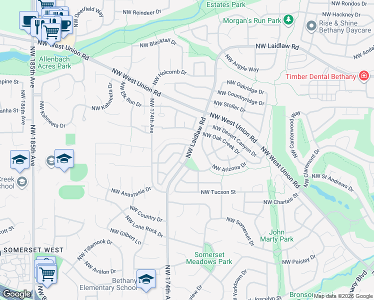 map of restaurants, bars, coffee shops, grocery stores, and more near 17151 Northwest Gold Canyon Lane in Beaverton