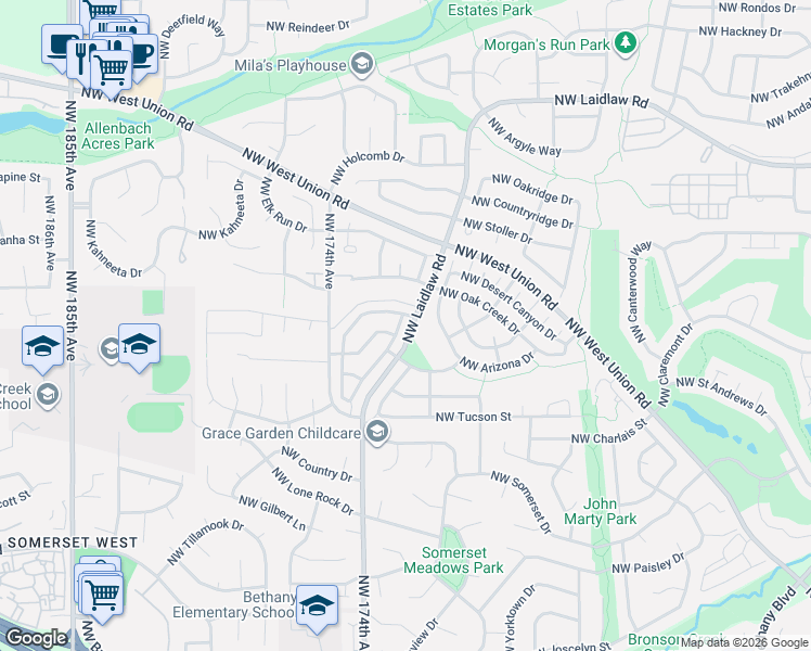 map of restaurants, bars, coffee shops, grocery stores, and more near 4382 Northwest Diamondback Drive in Beaverton