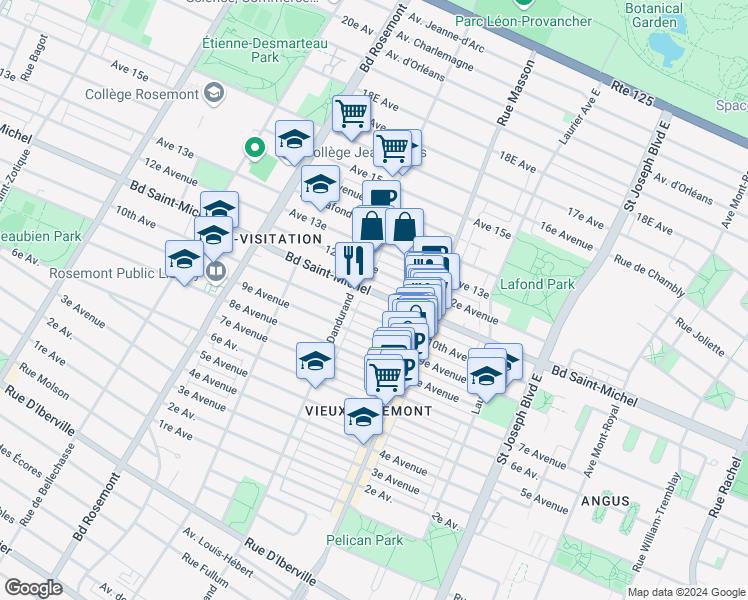 map of restaurants, bars, coffee shops, grocery stores, and more near 5538 Boulevard Saint-Michel in Montréal
