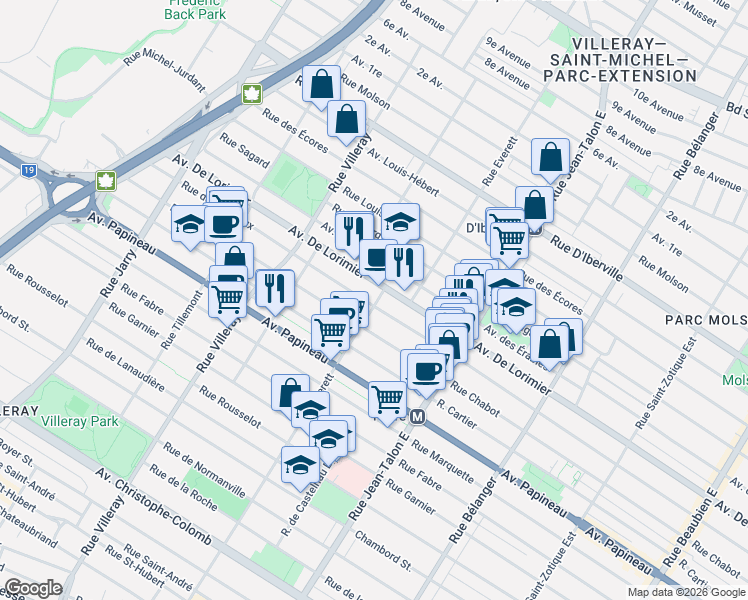 map of restaurants, bars, coffee shops, grocery stores, and more near 7407 Rue de Bordeaux in Montréal