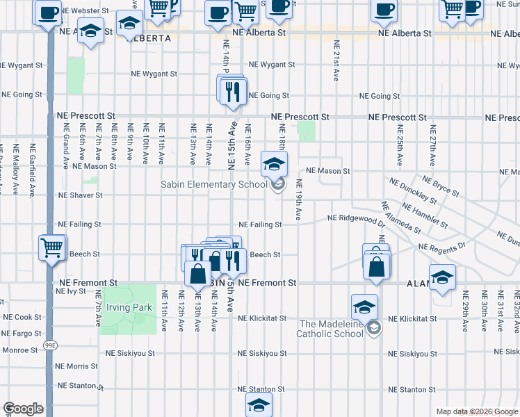 map of restaurants, bars, coffee shops, grocery stores, and more near 3943 Northeast 17th Avenue in Portland