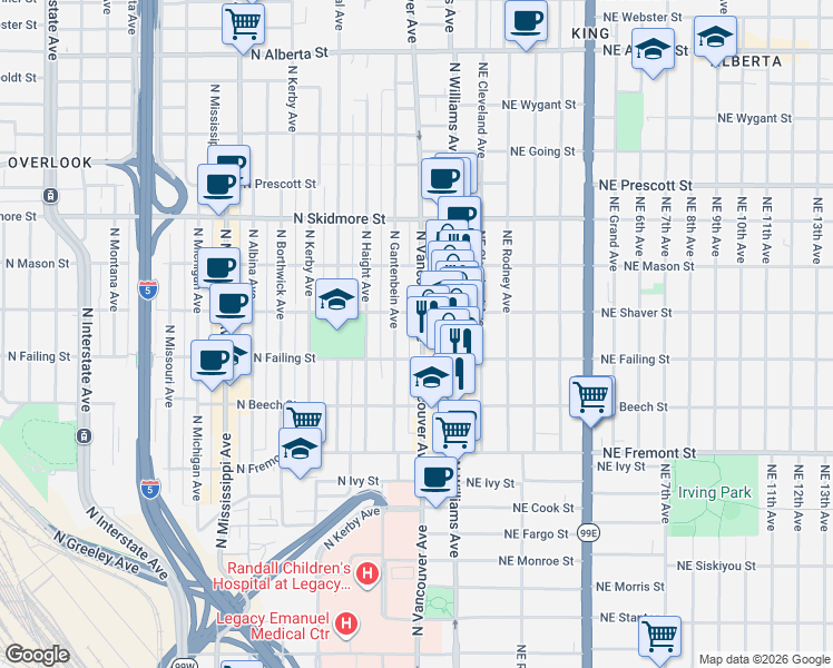 map of restaurants, bars, coffee shops, grocery stores, and more near 214 North Shaver Street in Portland
