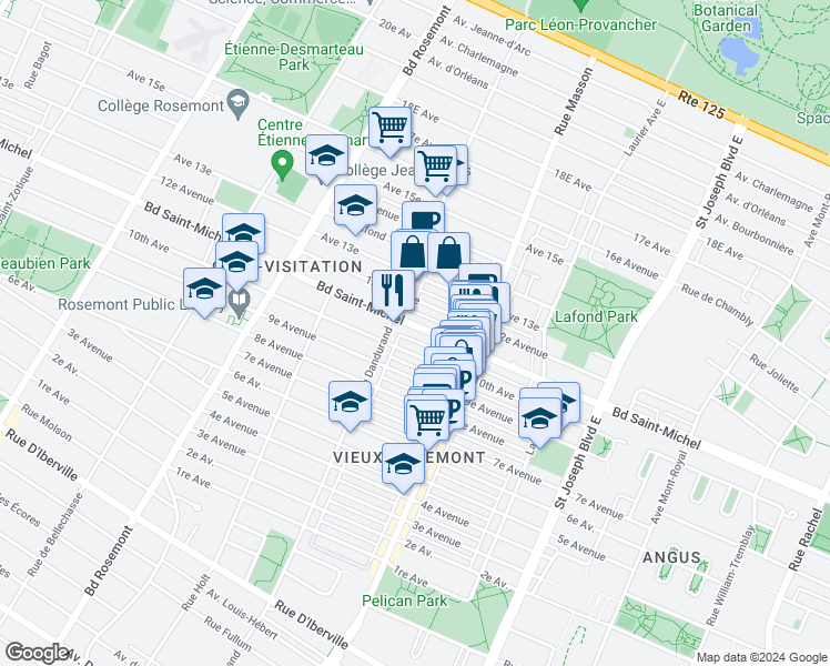 map of restaurants, bars, coffee shops, grocery stores, and more near 5538 Boulevard Saint-Michel in Montréal