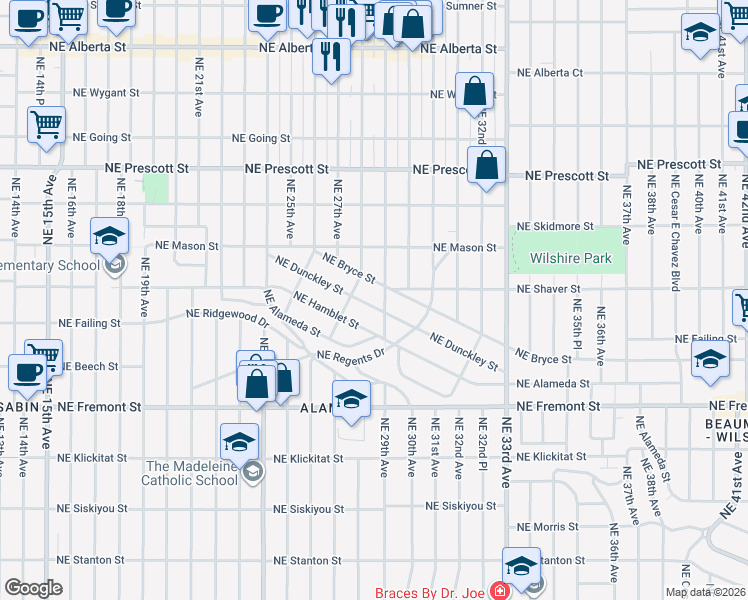 map of restaurants, bars, coffee shops, grocery stores, and more near 2845 Northeast Dunckley Street in Portland