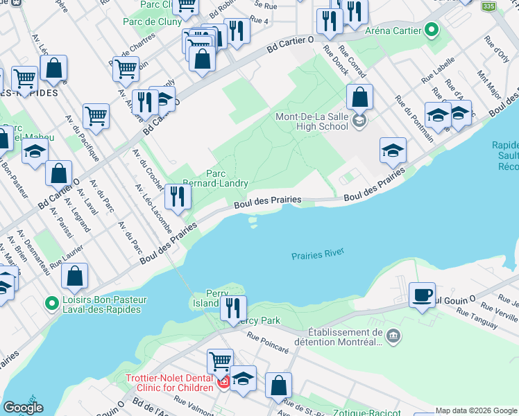 map of restaurants, bars, coffee shops, grocery stores, and more near 218 Boulevard des Prairies in Laval
