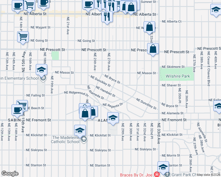 map of restaurants, bars, coffee shops, grocery stores, and more near 3829 Northeast 28th Avenue in Portland