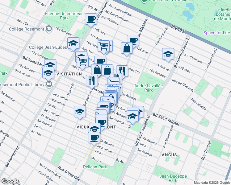map of restaurants, bars, coffee shops, grocery stores, and more near 3305 Rue Masson in Montréal