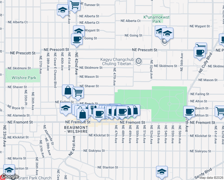 map of restaurants, bars, coffee shops, grocery stores, and more near 4551 Northeast Shaver Street in Portland