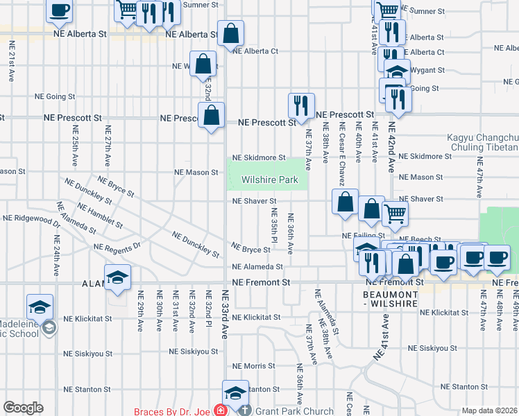 map of restaurants, bars, coffee shops, grocery stores, and more near 3529 Northeast Shaver Street in Portland