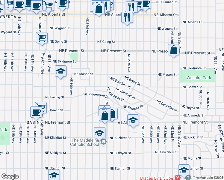 map of restaurants, bars, coffee shops, grocery stores, and more near 2517 Northeast Hamblet Street in Portland