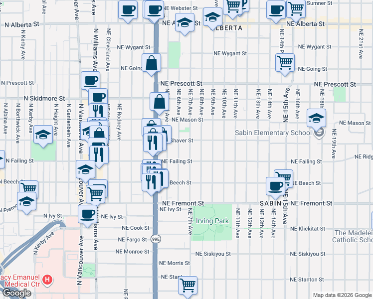 map of restaurants, bars, coffee shops, grocery stores, and more near 3947 Northeast 7th Avenue in Portland
