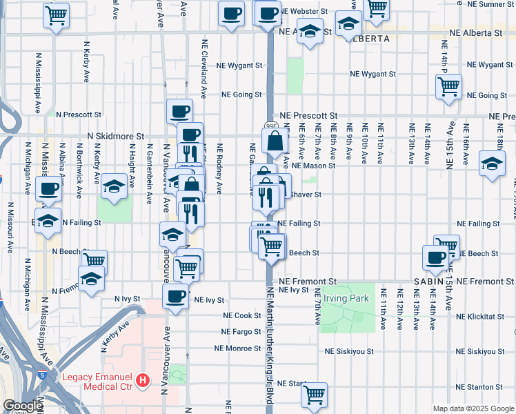 map of restaurants, bars, coffee shops, grocery stores, and more near 304 Northeast Shaver Street in Portland