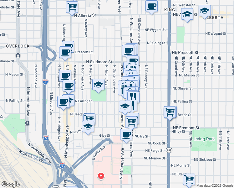 map of restaurants, bars, coffee shops, grocery stores, and more near 214 North Shaver Street in Portland