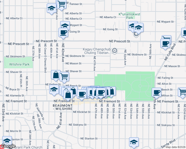 map of restaurants, bars, coffee shops, grocery stores, and more near 4723 Northeast Shaver Street in Portland