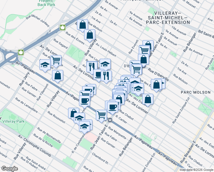 map of restaurants, bars, coffee shops, grocery stores, and more near 7315 Avenue De Lorimier in Montréal