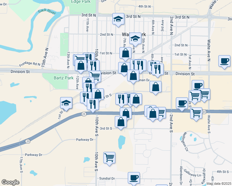 map of restaurants, bars, coffee shops, grocery stores, and more near 815 1st Street South in Waite Park