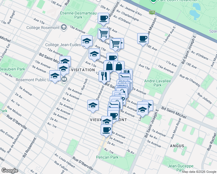 map of restaurants, bars, coffee shops, grocery stores, and more near 5553 Boulevard Saint-Michel in Montréal