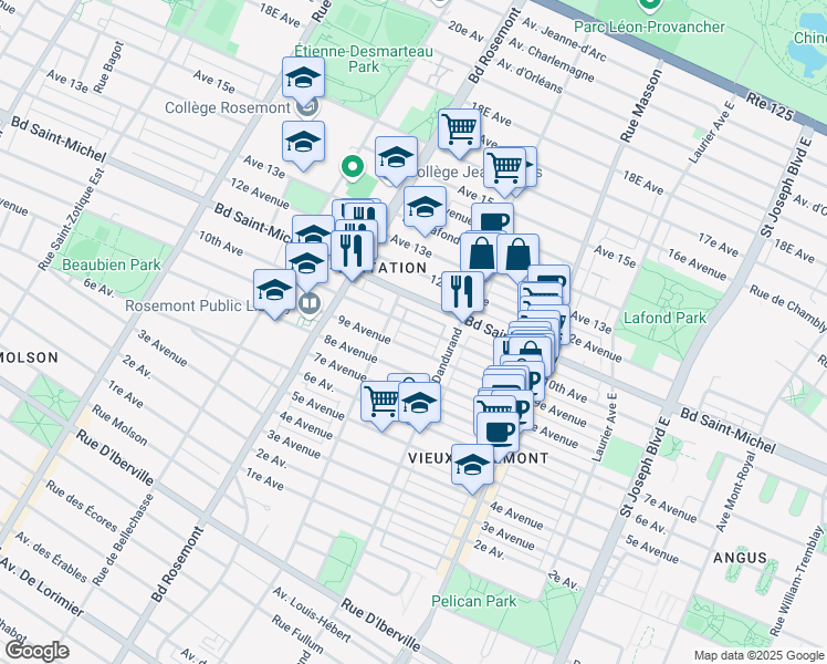 map of restaurants, bars, coffee shops, grocery stores, and more near 5684 10e Avenue in Montréal