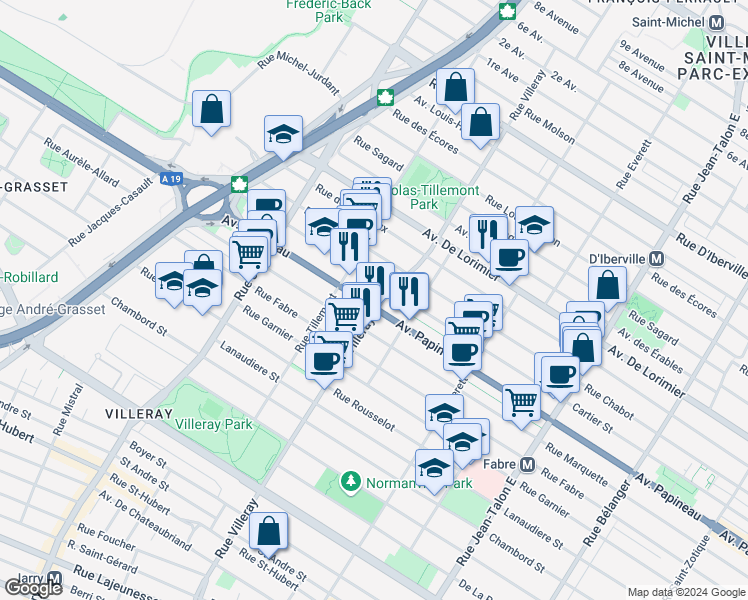 map of restaurants, bars, coffee shops, grocery stores, and more near 7715 Avenue Papineau in Montréal