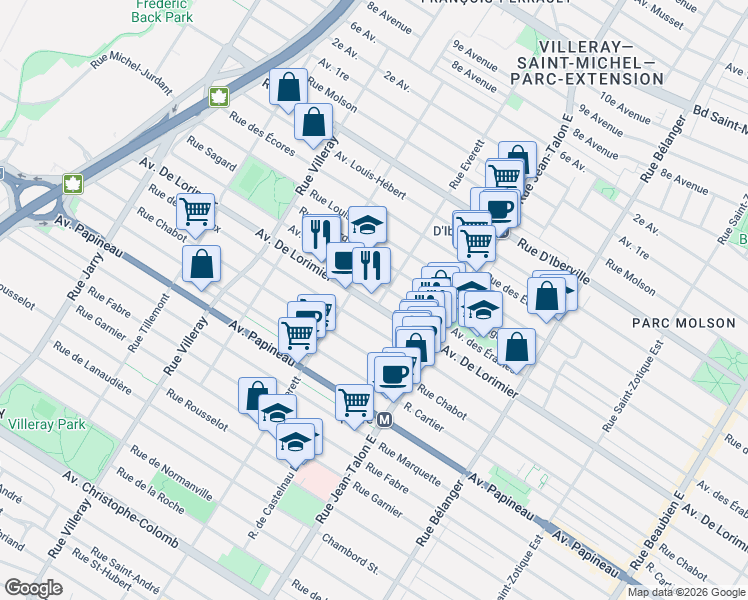 map of restaurants, bars, coffee shops, grocery stores, and more near 2105 Rue Everett in Montréal
