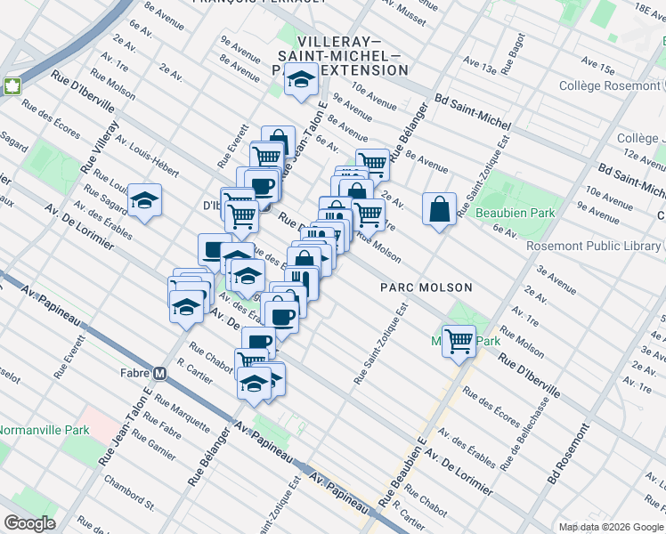 map of restaurants, bars, coffee shops, grocery stores, and more near 2466 Rue Bélanger in Montréal