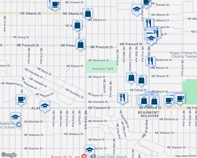 map of restaurants, bars, coffee shops, grocery stores, and more near 3529 Northeast Shaver Street in Portland