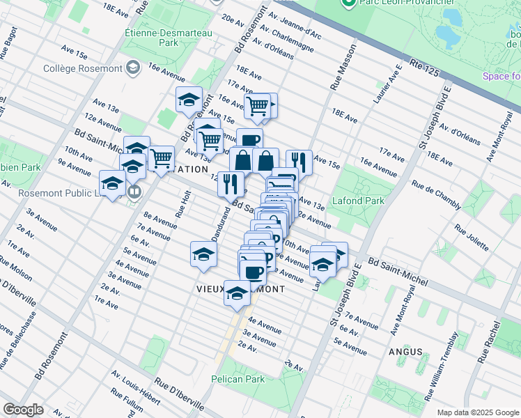 map of restaurants, bars, coffee shops, grocery stores, and more near 5487 Boulevard Saint-Michel in Montréal